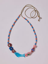 SMALL DOLPHIN + STRAWBERRY & PINK - BLUE TUBE BEAD NECKLACE & BAG CHARM