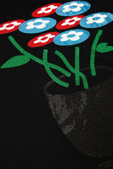 Classic Flower Rhinestone T-shirt - Black