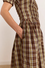Emmy Shirred Midi Dress - Cocoa Check