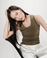 Fitted cotton jersey tank top kaki Valou