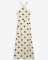 Fitted polka dot long dress with open back ecru Wyella