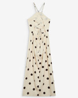 Fitted polka dot long dress with open back ecru Wyella