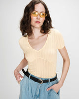 Fitted short-sleeve V-neck sweater vanille Velyor