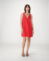 Flared short linen dress with V-neck rouge Wynette