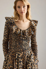 HARPER SHIRRED MIDI DRESS - LEOPARD