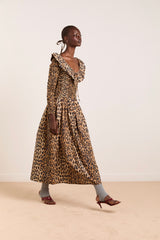 HARPER SHIRRED MIDI DRESS - LEOPARD
