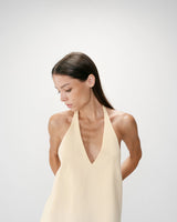 Linen V-neck backless top with tie jaune Wise