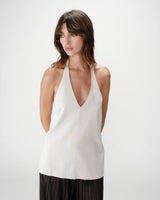 Linen V-neck backless top with tie sable Wise