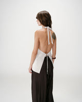 Linen V-neck backless top with tie sable Wise