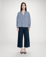 Oversized cotton check V-neck blouse marine Varry