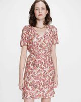 Printed short V-neck dress with puff sleeves peche Victoire