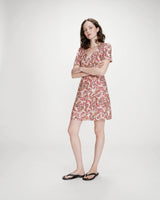 Printed short V-neck dress with puff sleeves peche Victoire