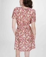 Printed short V-neck dress with puff sleeves peche Victoire