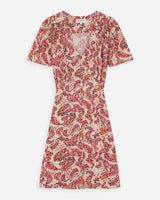Printed short V-neck dress with puff sleeves peche Victoire