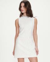 Straight short striped linen dress with tie-back white Vea