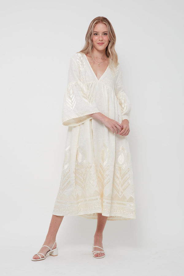 DRESS LONG FEATHER BELL SLEEVE - NATURAL CHAMPAGNE