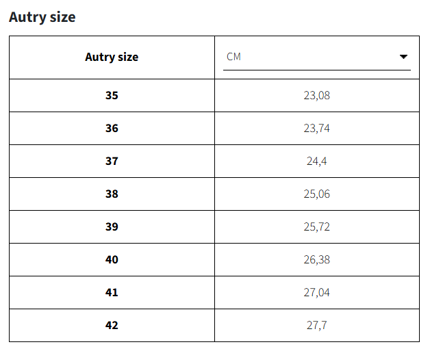 Autry_Medalist Size Chart (Women)