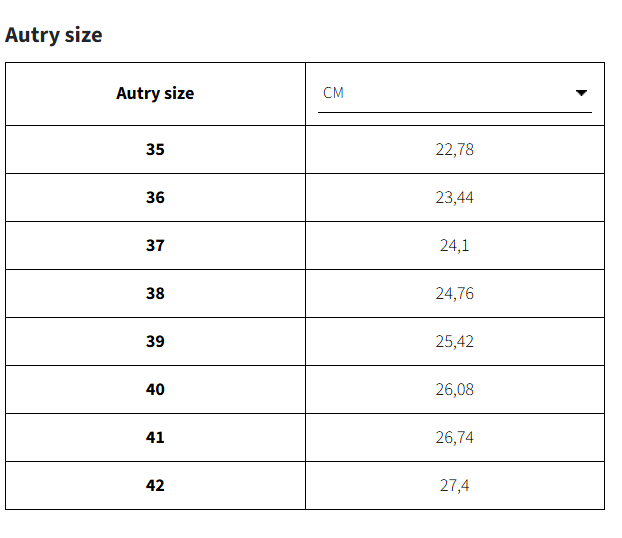 Autry_Reelwind Size Chart (Women)