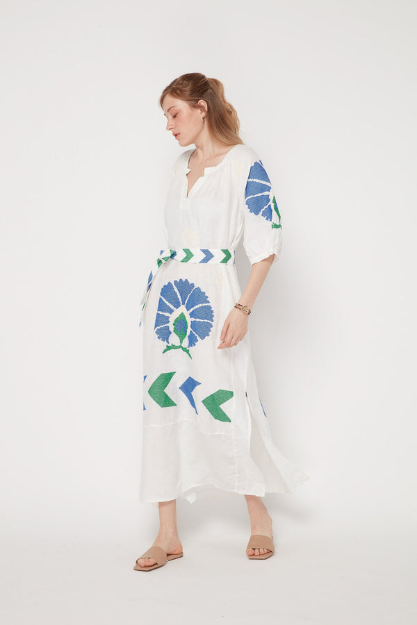 DRESS LONG PEACOCK WITH BELT - WHITE & GREEN BLUE