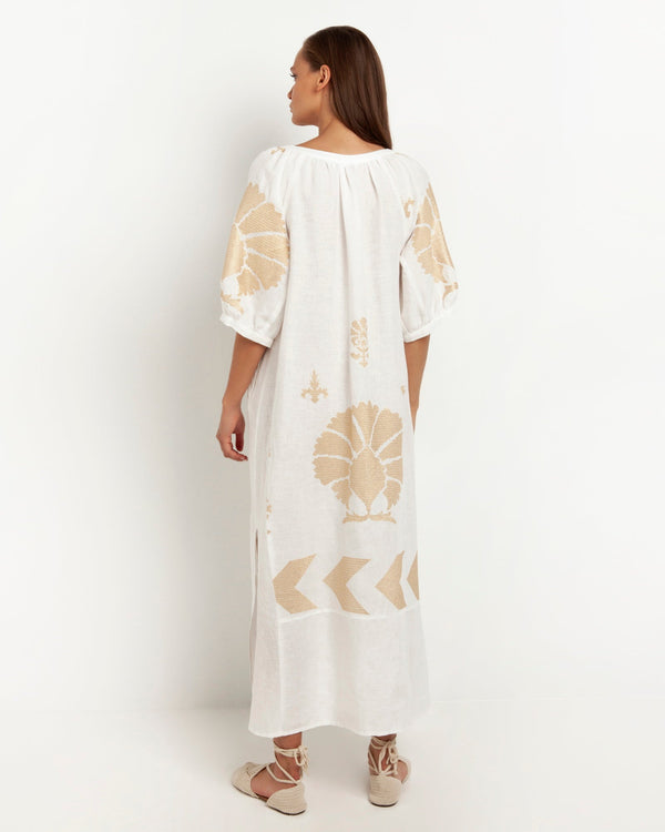 DRESS LONG PEACOCK WITH BELT - WHITE & GOLD
