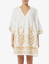 DRESS SHORT FEATHER BELL SLEEVE  - WHITE/GOLD