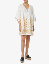 DRESS SHORT FEATHER BELL SLEEVE  - WHITE/GOLD