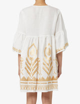 DRESS SHORT FEATHER BELL SLEEVE  - WHITE/GOLD