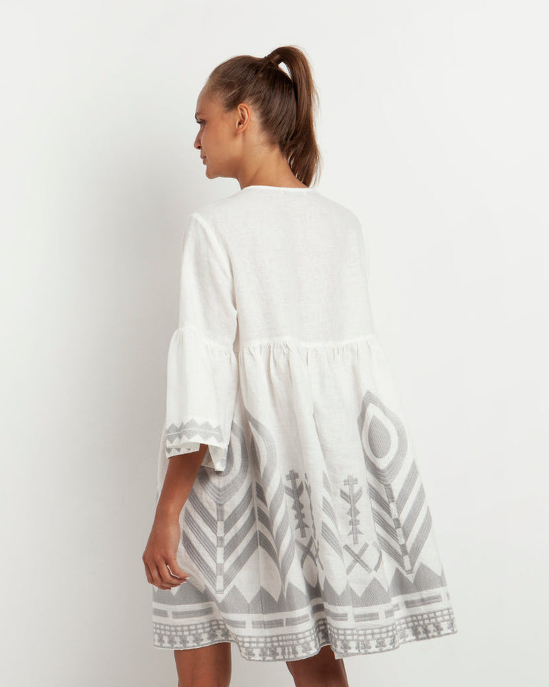 DRESS SHORT FEATHER CHEVRON BELL SLEEVES - WHITE/GREY