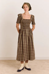 Emmy Shirred Midi Dress - Cocoa Check