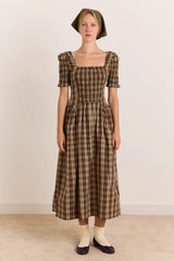 Emmy Shirred Midi Dress - Cocoa Check