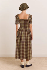 Emmy Shirred Midi Dress - Cocoa Check