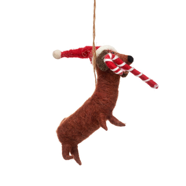 Sass and Belle Sausage Dog with Candy Cane Hanging Decoration