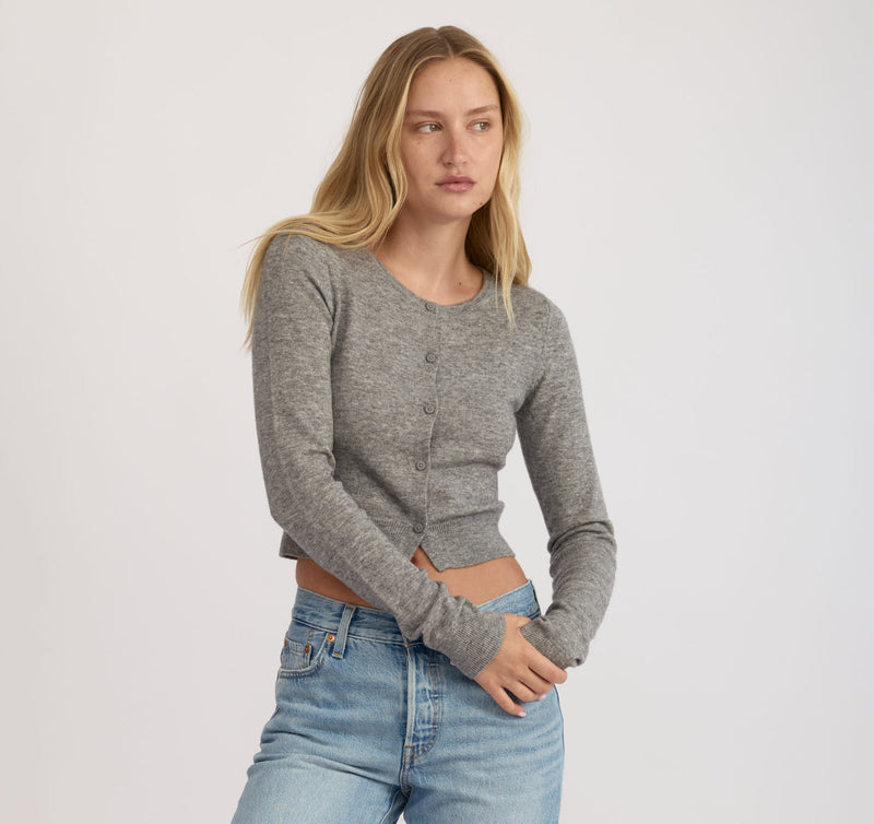 FINE KNIT CROPPED CARDIGAN - DARK GREY MELANGE