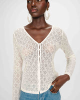 Fitted lace buttoned V-neck top ecru Venezia