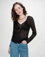 Fitted lace buttoned V-neck top noir Venezia
