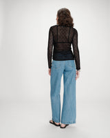 Fitted lace buttoned V-neck top noir Venezia