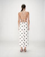 Fitted polka dot long dress with open back ecru Wyella