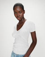 Fitted short-sleeve V-neck sweater ivoire Velyor