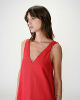 Flared short linen dress with V-neck rouge Wynette