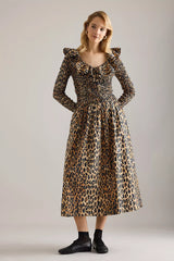 HARPER SHIRRED MIDI DRESS - LEOPARD