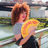Hand fan "fucking hot" yellow pink