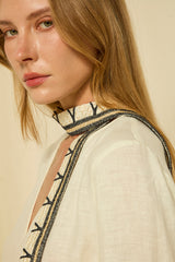 DRESS MINI PHOENIX BELL SLEEV - NATURAL/BLACK