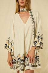 DRESS MINI PHOENIX BELL SLEEV - NATURAL/BLACK