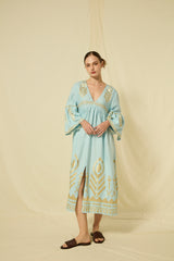 DRESS MIDI FEATHER BELL SLEEVE - CIEL/GOLD