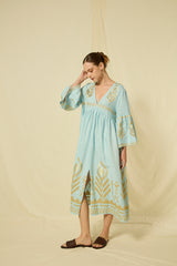 DRESS MIDI FEATHER BELL SLEEVE - CIEL/GOLD
