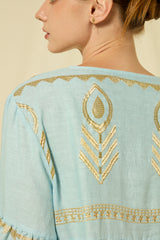 DRESS MIDI FEATHER BELL SLEEVE - CIEL/GOLD