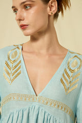DRESS MIDI FEATHER BELL SLEEVE - CIEL/GOLD