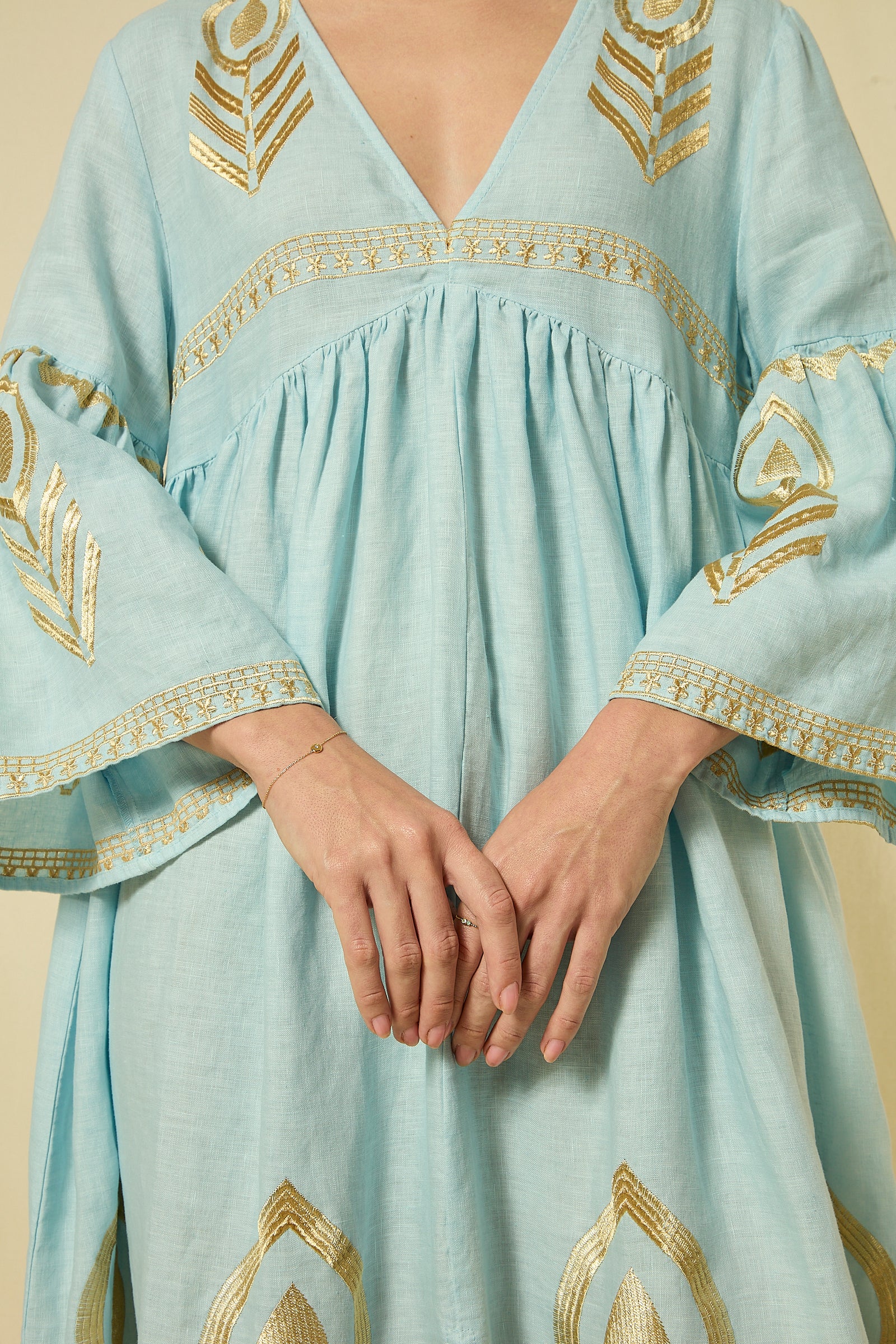 kori feather linen dress DRESS MIDI FEATHER BELL SLEEVE