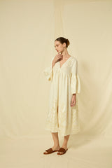 DRESS MIDI FEATHER BELL SLEEVE - NATURAL/CHAMPAGNE