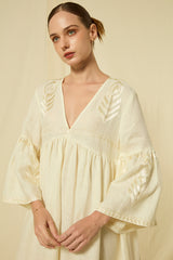 DRESS MIDI FEATHER BELL SLEEVE - NATURAL/CHAMPAGNE